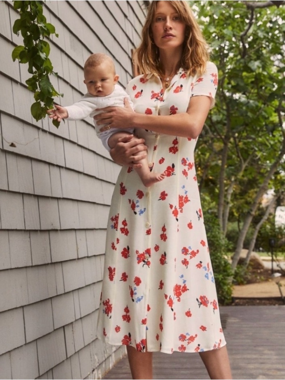 Reformation Cream Midi Shirt Dress with Red Floral Print